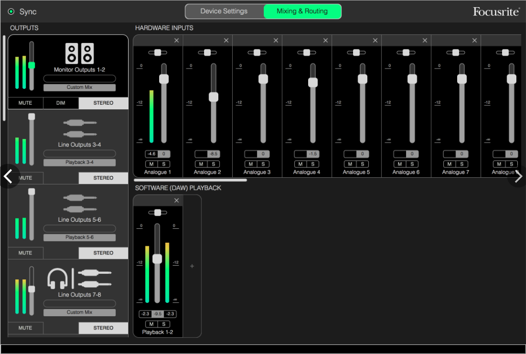 Панель управления драйвера Focusrite