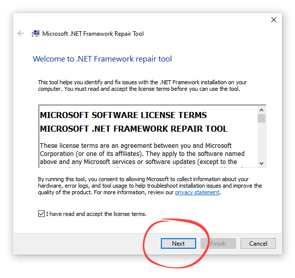 Установка Microsoft .NET Framework Repair Tool